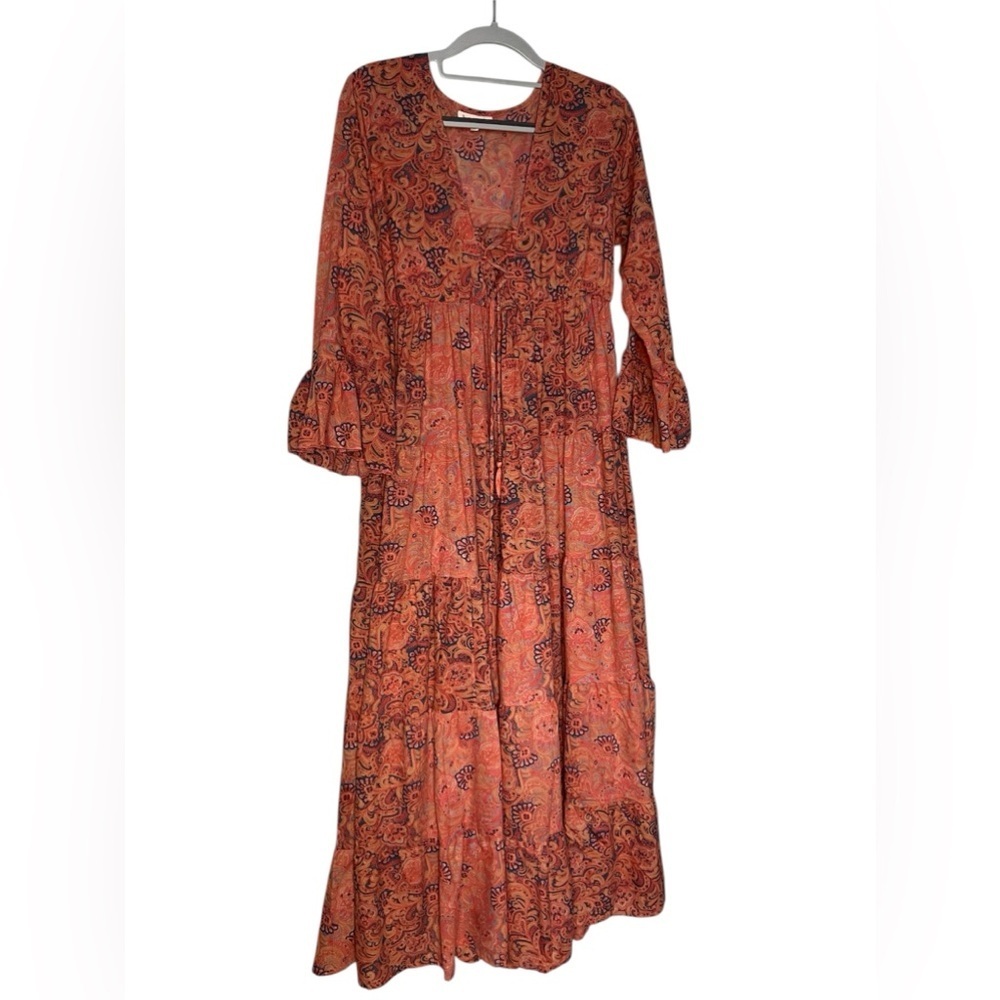 Anthropologie‎ Boemo coral maxi floral tiered boho dress cottagecore prairie